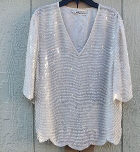 Vintage‎ 80s Silk Flapper Beaded Scalloped Top Bridal Babydoll Bias Large